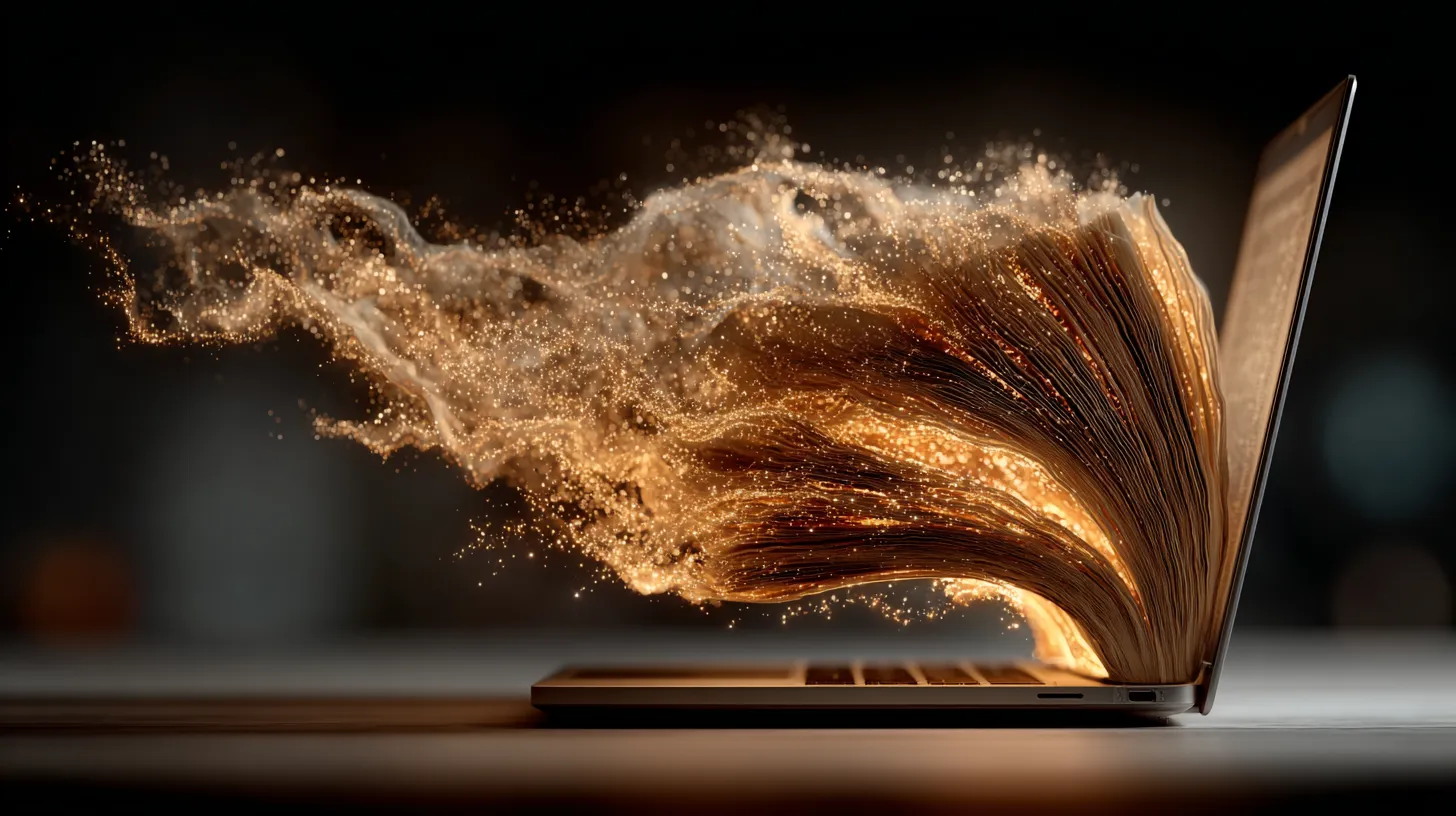 A warm, atmospheric composition of books, glowing screens, and handwritten pages arranged on a dark surface